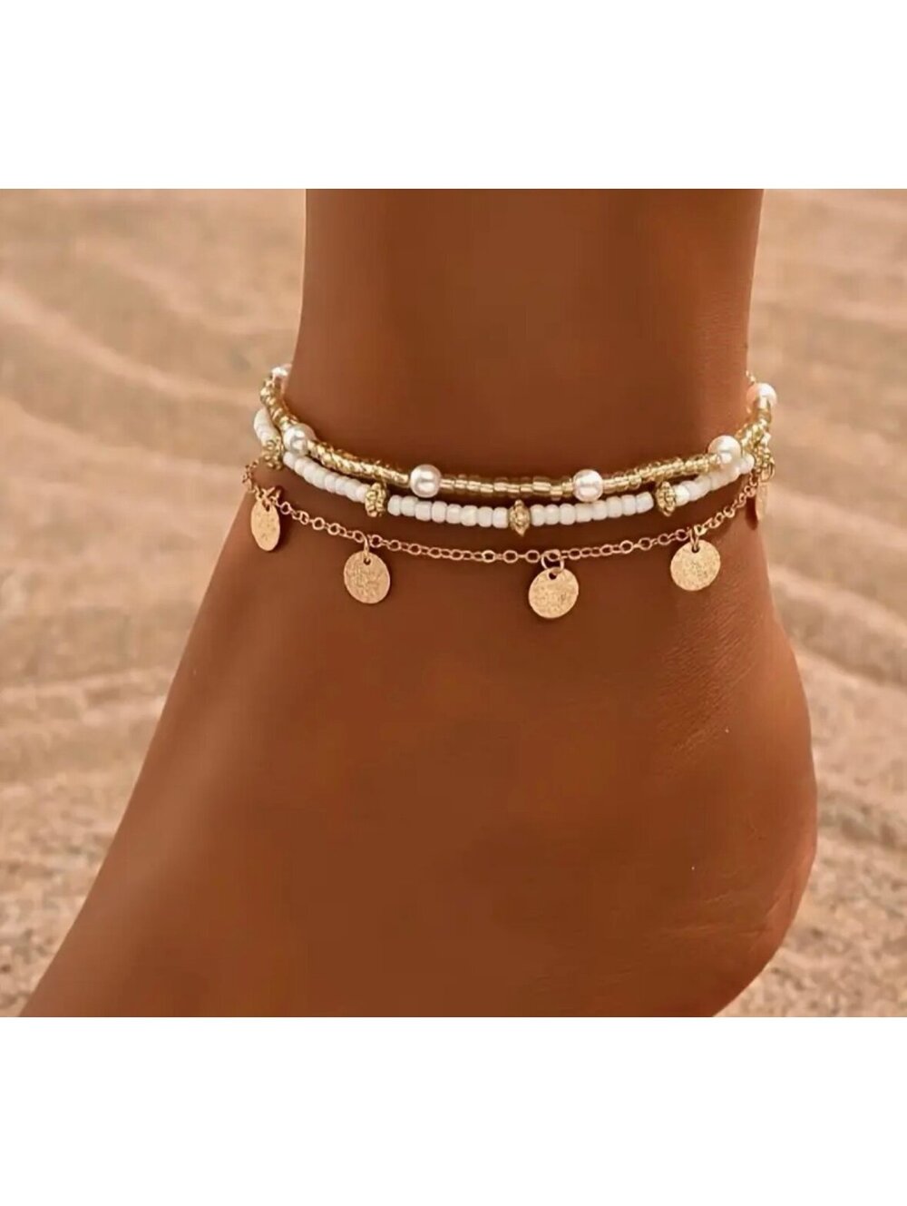 New - Gorgeous - 3pcs Simple - Gold Circular Pendant Tassel Beaded Anklet Set